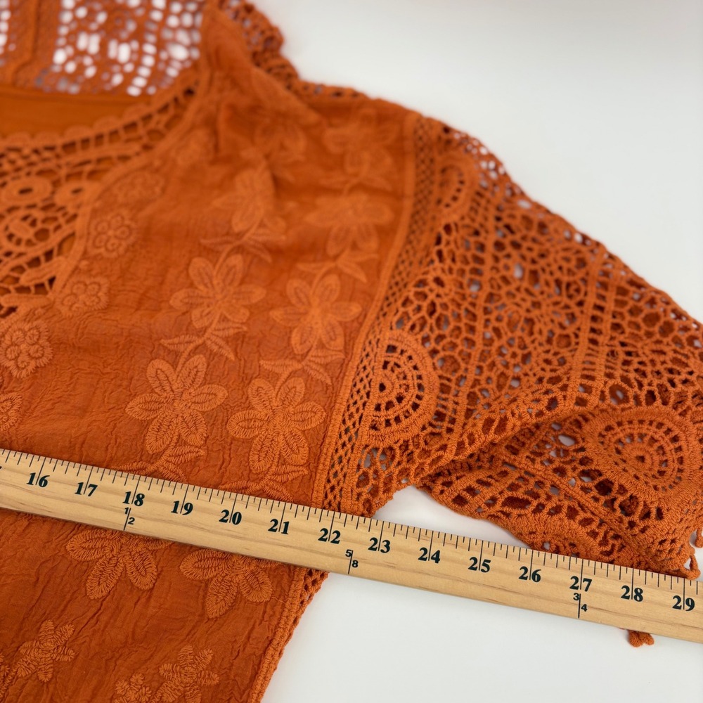 One World Rust Orange Crochet Lace Floral Top M Boho Boxy Crop Oversized Qauzy - Picture 3 of 7